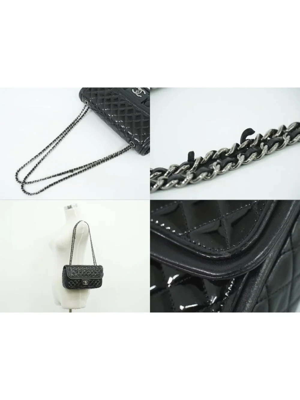 Chanel CC Logo Quilted Chain Shoulder Bag Patent Leather Black